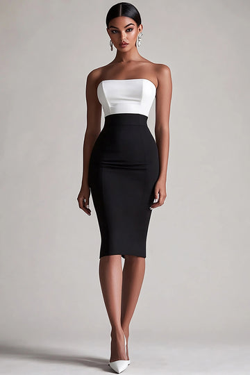 Black and White Strapless Bodycon Midi Formal Dress